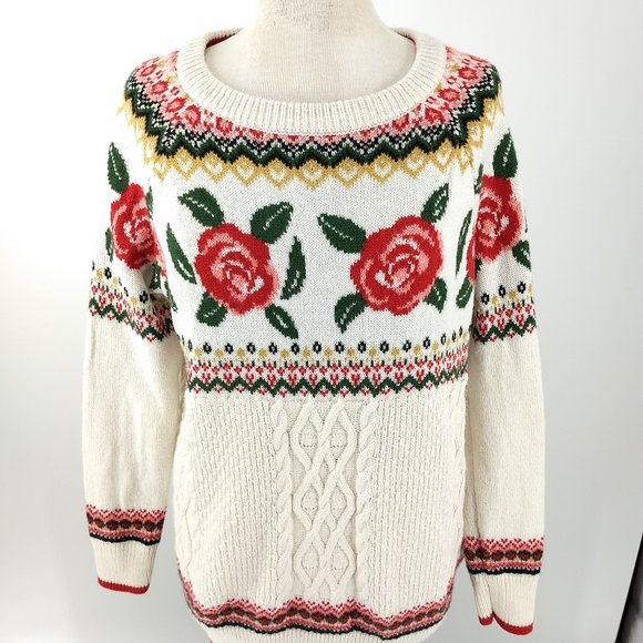Cable Knit Sweater Nordic Ski Women M White Red - Picture 1 of 7